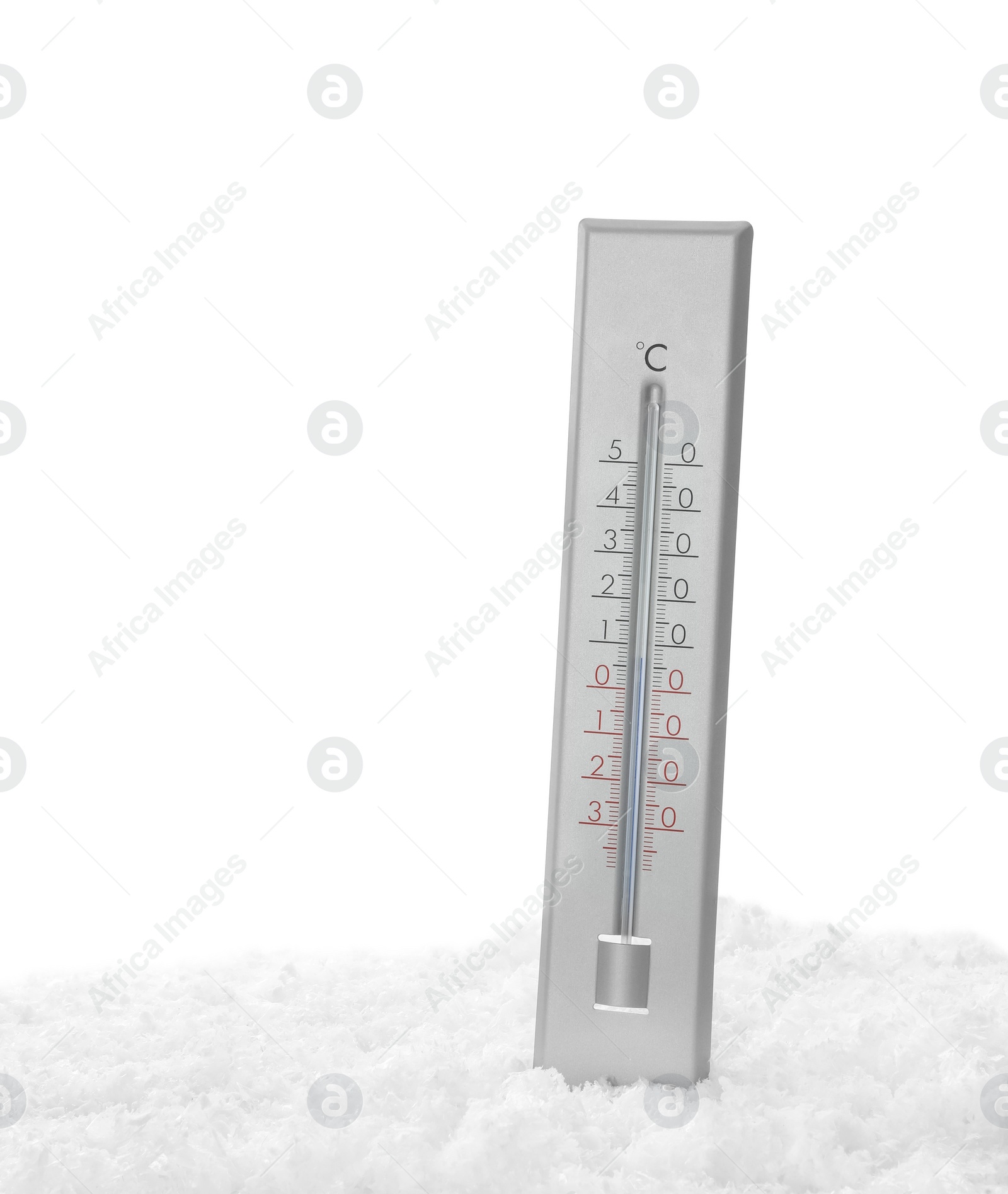 Photo of Weather thermometer in snow against white background