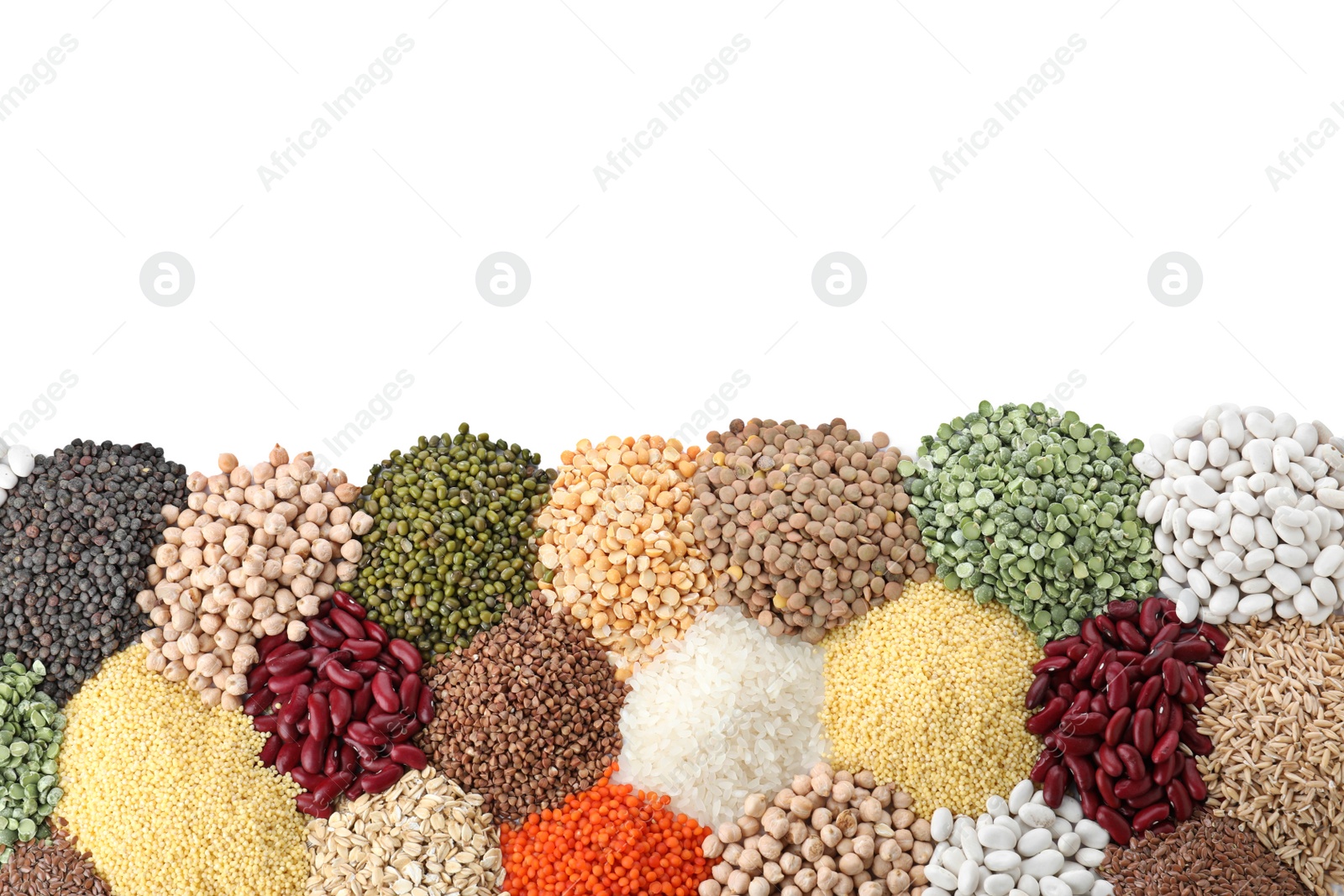 Photo of Different types of legumes and cereals on white background, top view. Organic grains