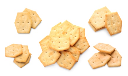 Image of Set of tasty crispy crackers on white background