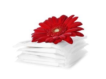 Photo of Packed menstrual pads and flower on white background. Gynecological care