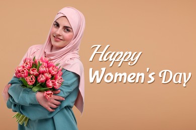 Image of Happy Women's Day - March 8. Attractive lady in hijab with bouquet of tulips on dark beige background