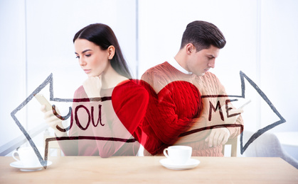 Image of Double exposure of couple addicted to smartphones ignoring each other, red heart and arrows. Relationship problems