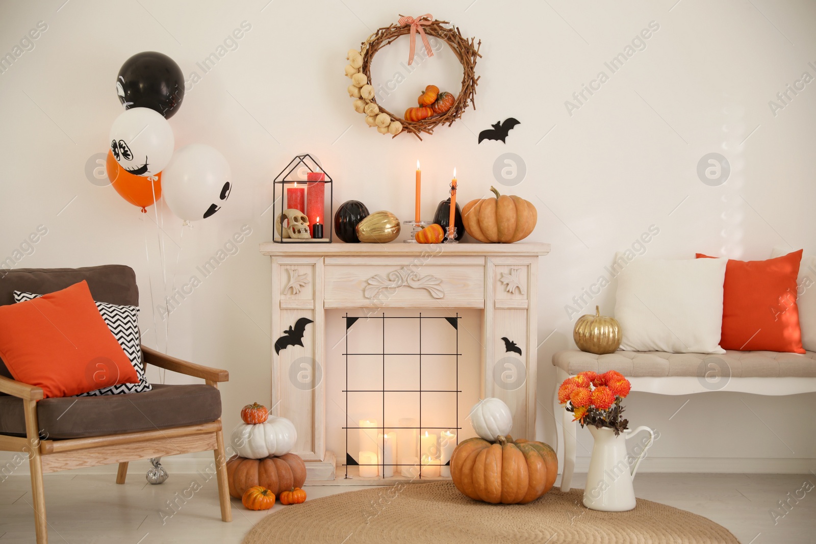 Photo of Modern room decorated for Halloween. Idea for festive interior