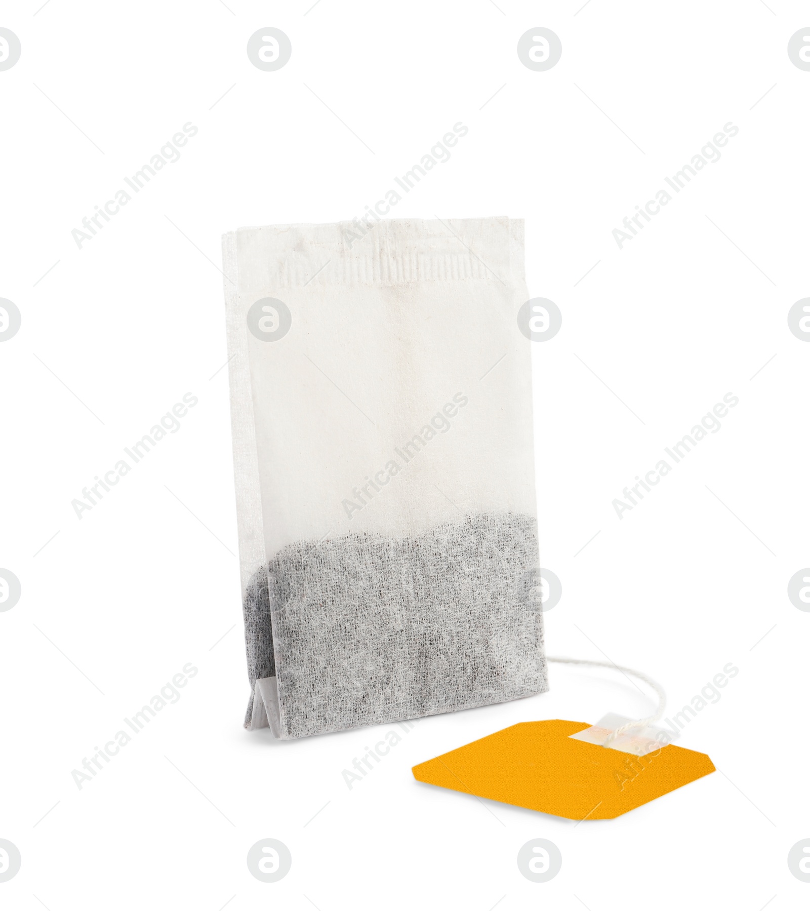 Photo of New tea bag with tab isolated on white