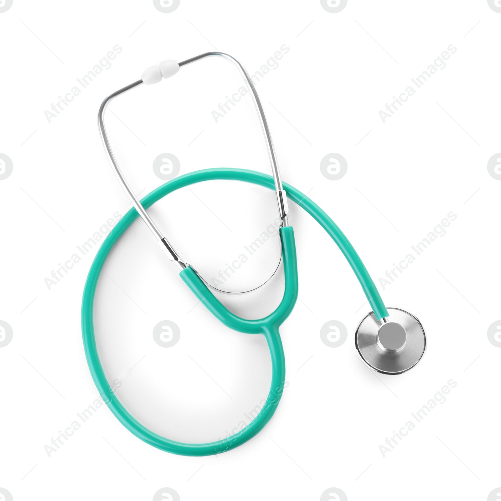 Photo of Stethoscope on white background, top view. Medical device