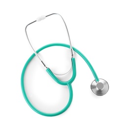 Photo of Stethoscope on white background, top view. Medical device