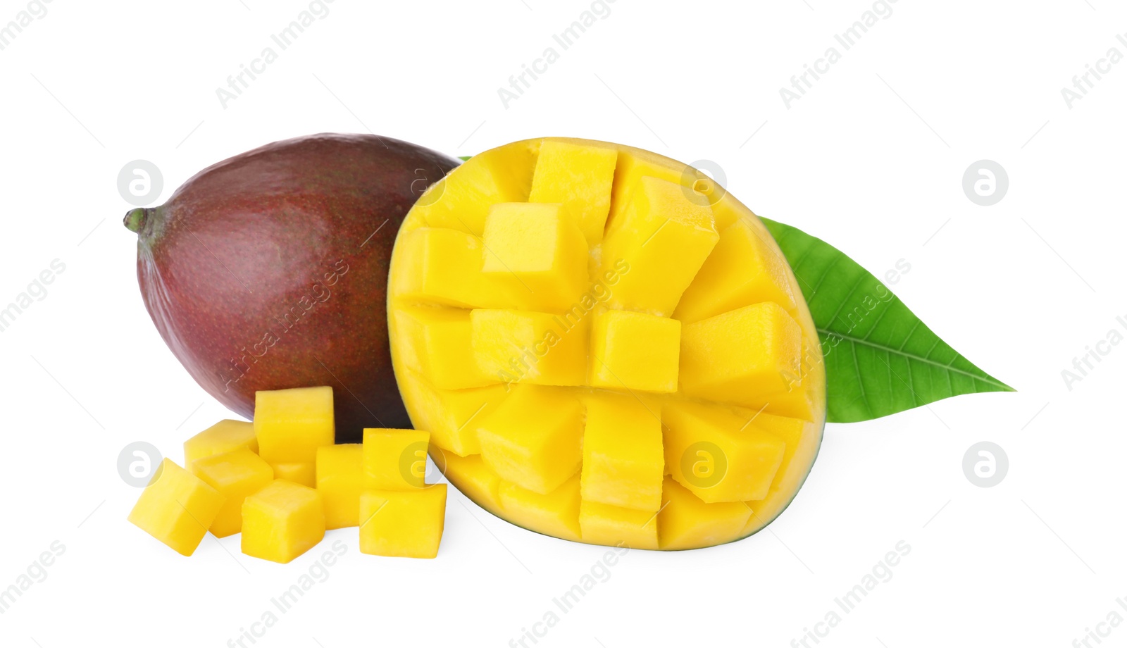 Photo of Cut and whole ripe mangoes isolated on white