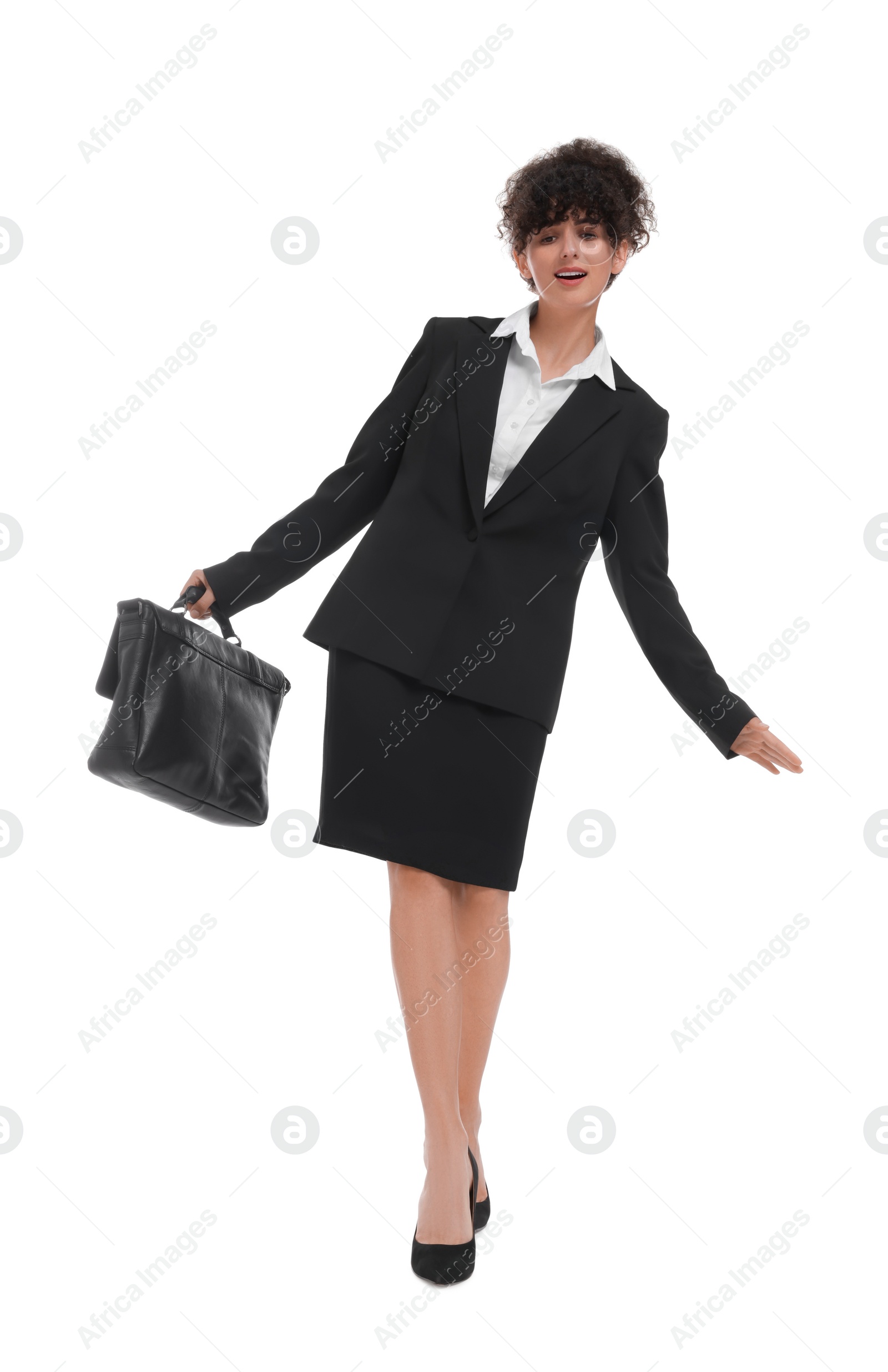 Photo of Beautiful businesswoman in suit with briefcase on white background