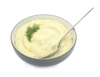 Photo of Bowl with freshly cooked homemade mashed potatoes and spoon isolated on white