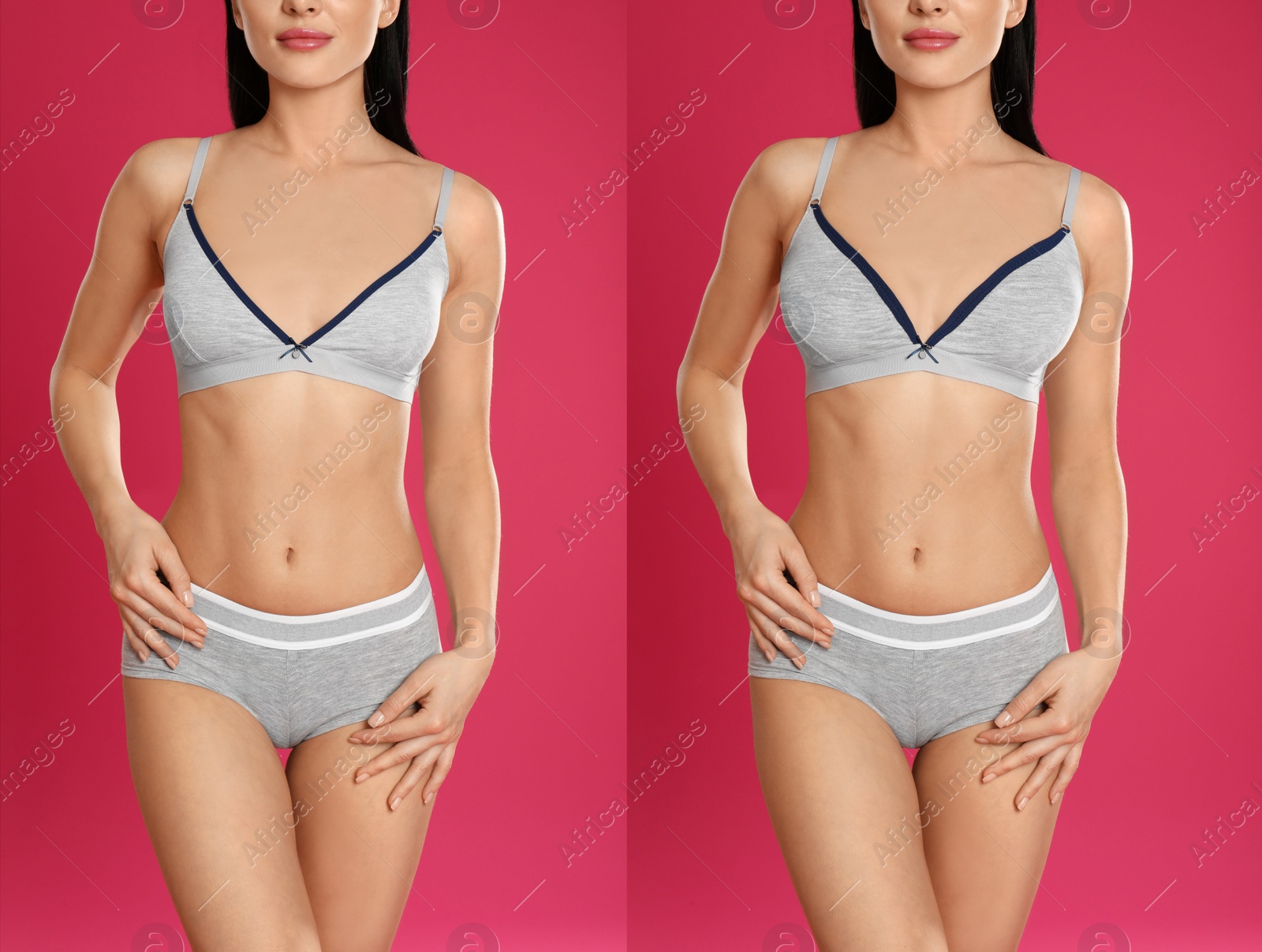 Image of Woman before and after breast augmentation on pink background, closeup