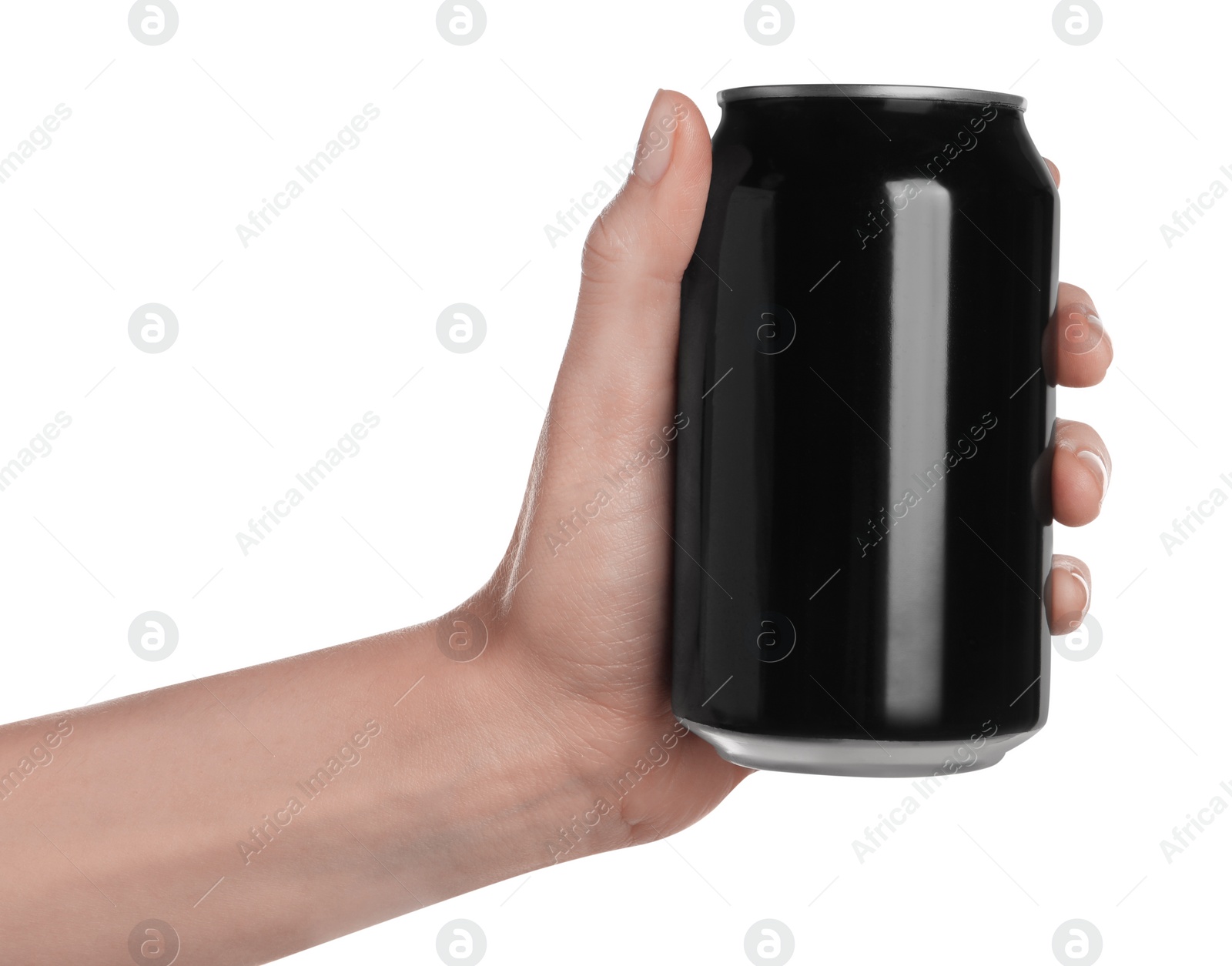 Photo of Woman holding black aluminum can on white background, closeup