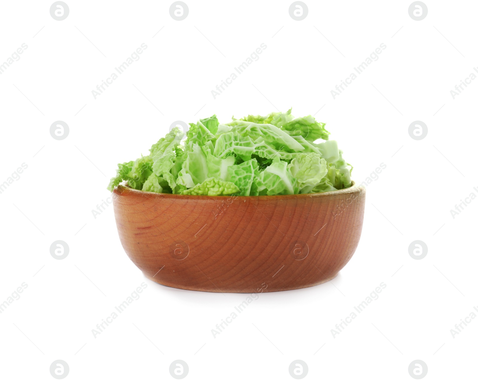 Photo of Bowl with shredded savoy cabbage on white background