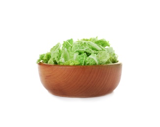 Photo of Bowl with shredded savoy cabbage on white background