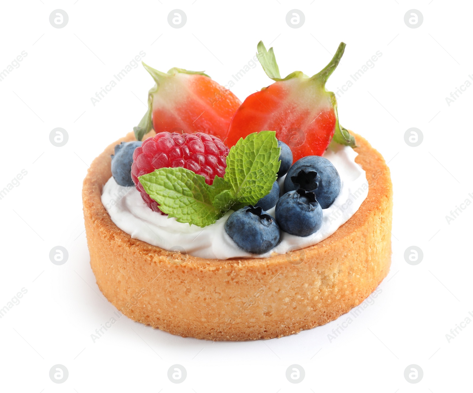 Photo of Delicious sweet pastry with berries on white background