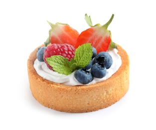 Delicious sweet pastry with berries on white background