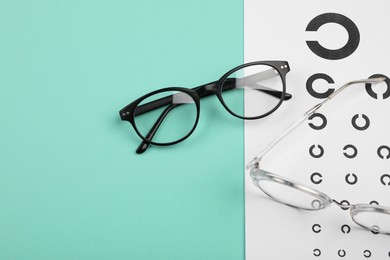 Photo of Vision test chart and glasses on turquoise background, flat lay. Space for text