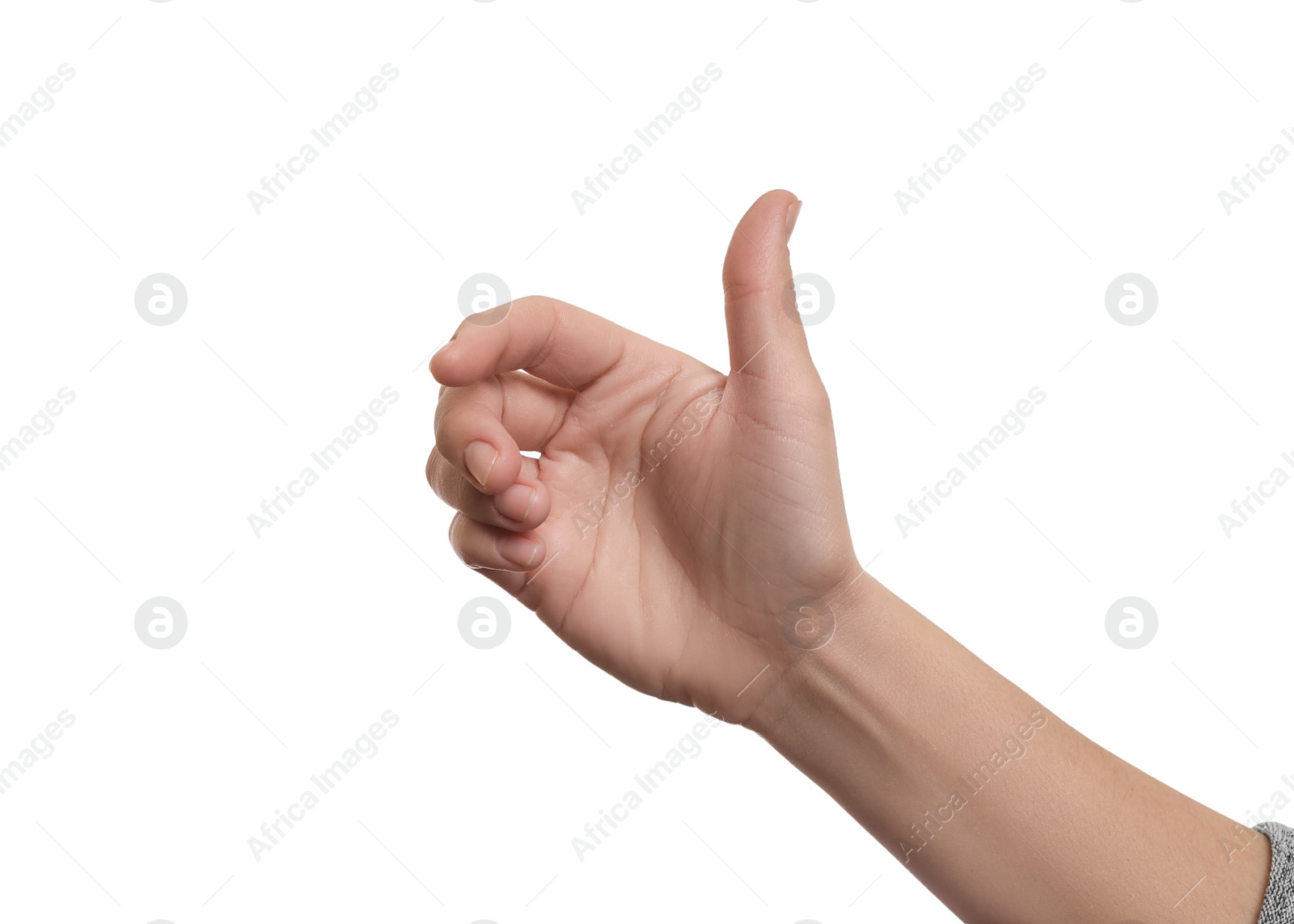 Photo of Woman showing hand on white background, closeup