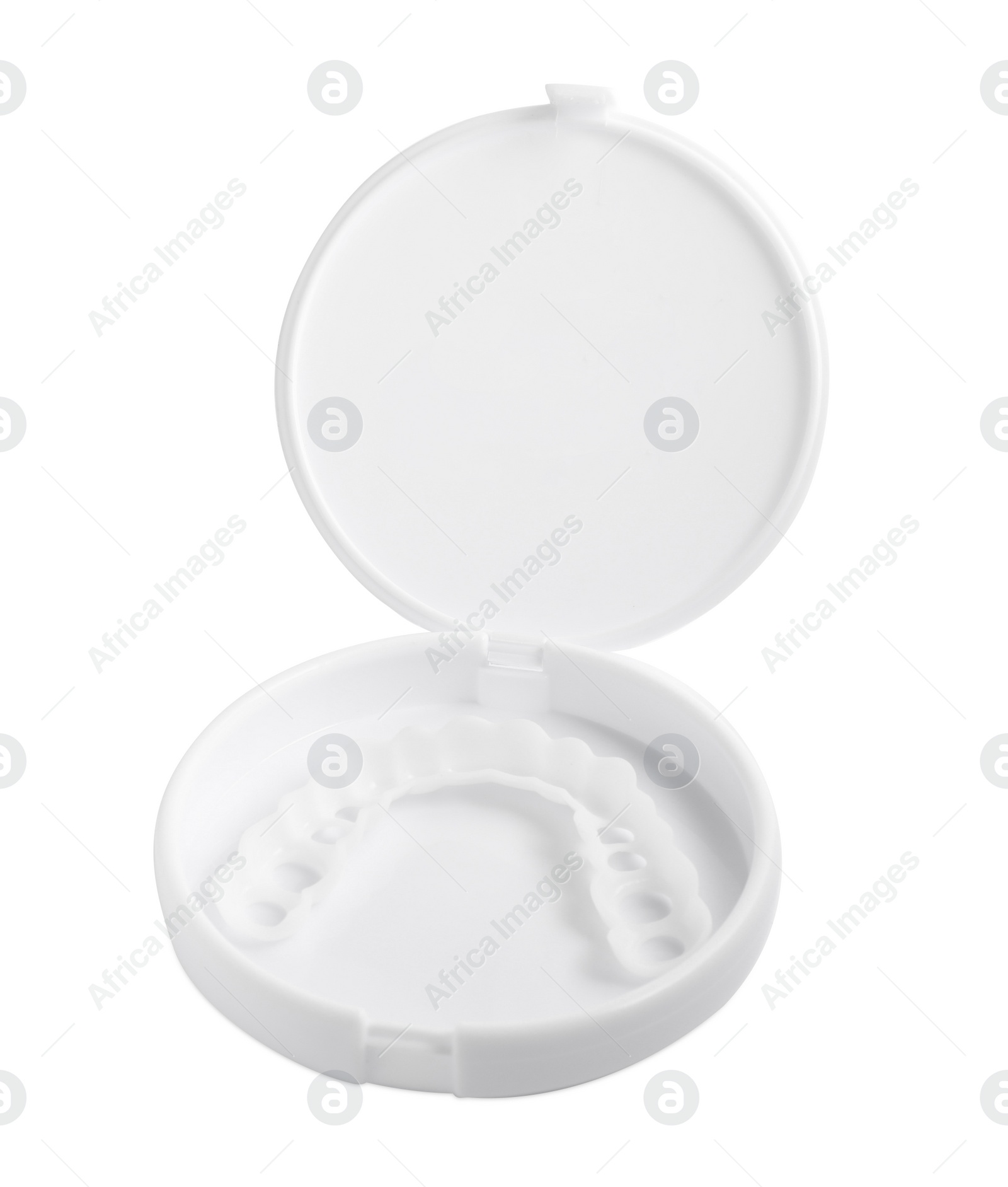 Photo of Container with dental mouth guard isolated on white. Bite correction