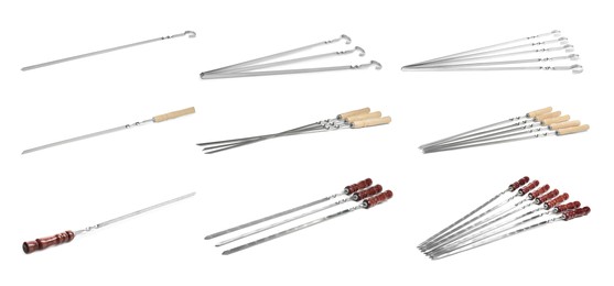 Image of Set with metal skewers on white background. Banner design