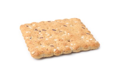 Photo of One cereal cracker with flax and sesame seeds isolated on white