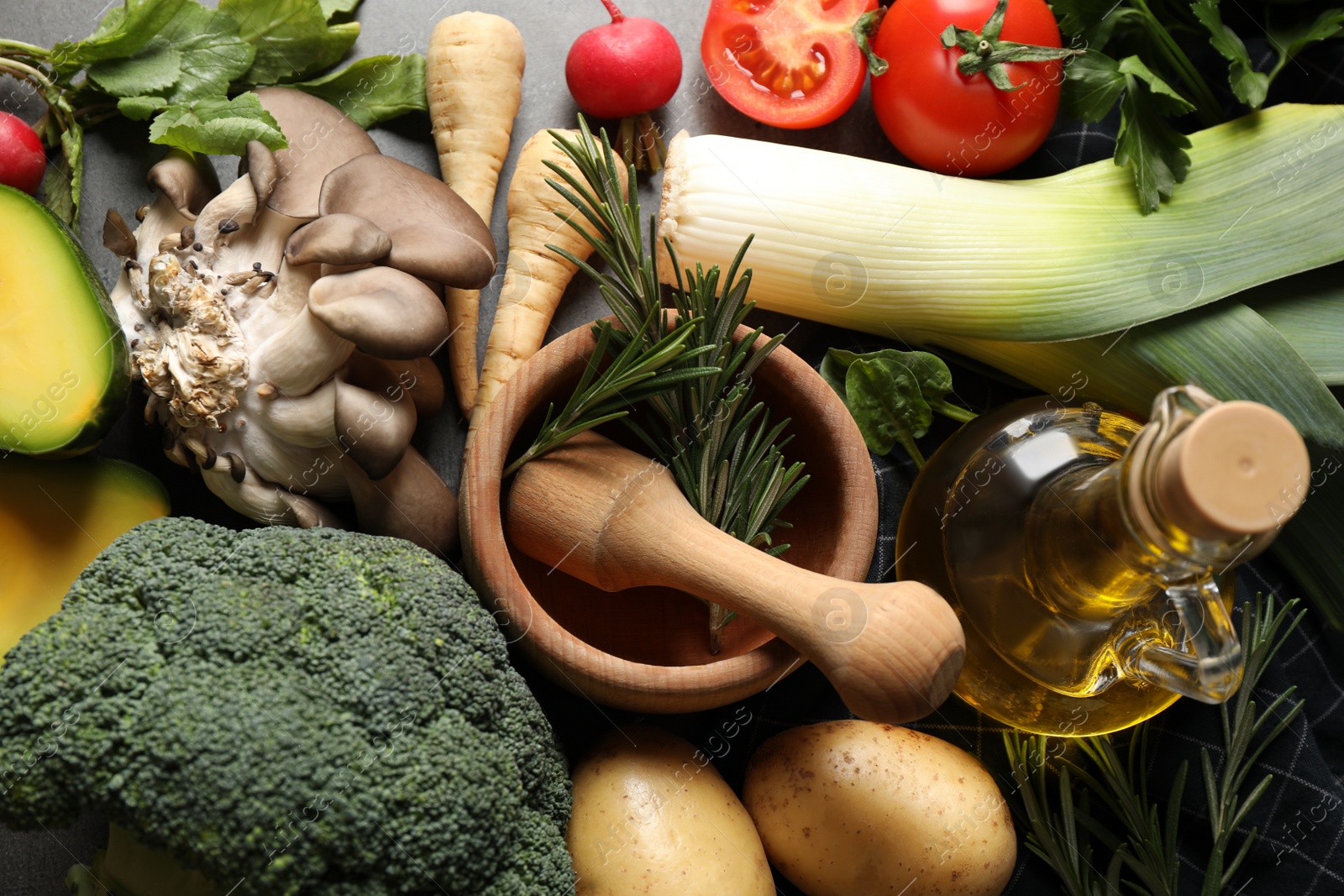 Photo of Different fresh products on table, flat lay. Healthy cooking