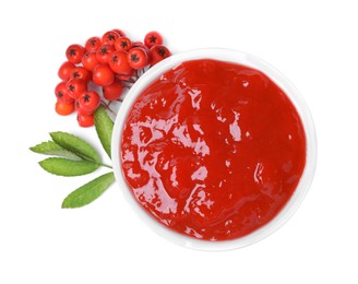 Photo of Delicious rowan jam in bowl and berries on white background, top view