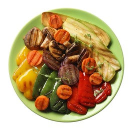 Different delicious grilled vegetables on white background, top view