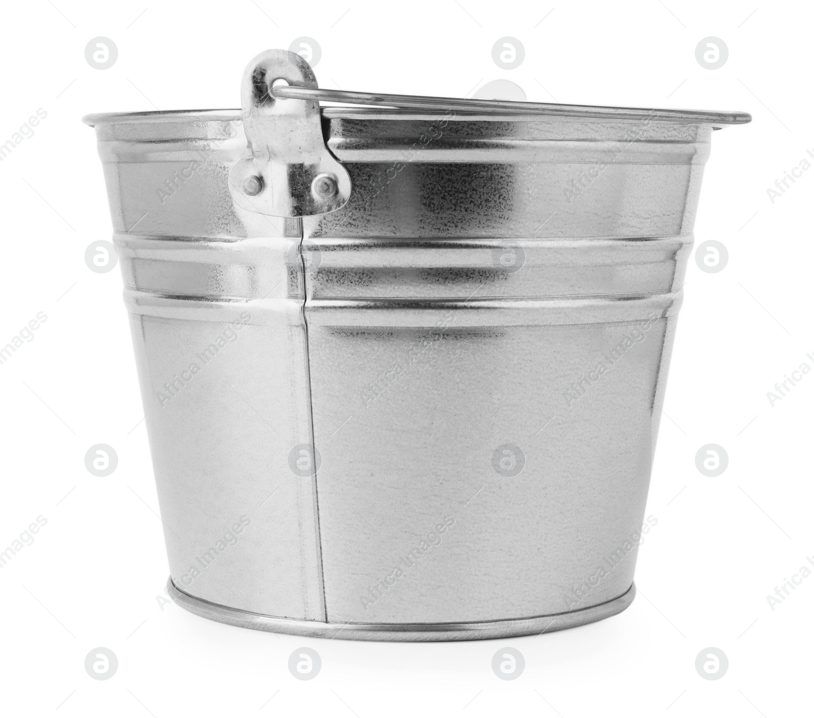 Photo of One shiny metal bucket isolated on white