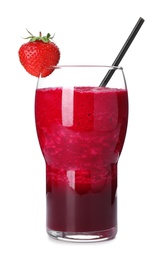 Photo of Glass of fresh juice with beet and strawberry on white background