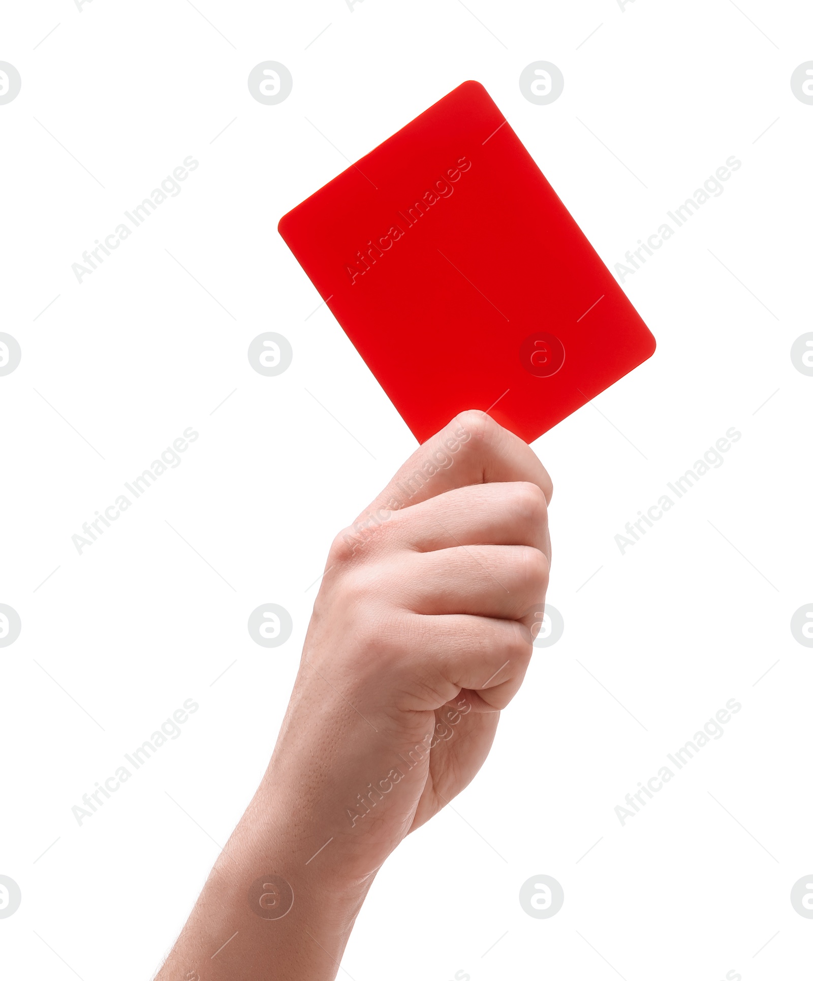 Photo of Referee holding red card on white background, closeup