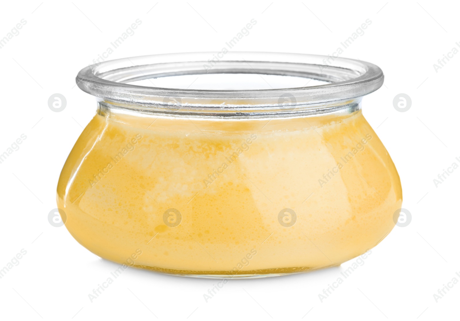 Photo of Glass jar of Ghee butter isolated on white