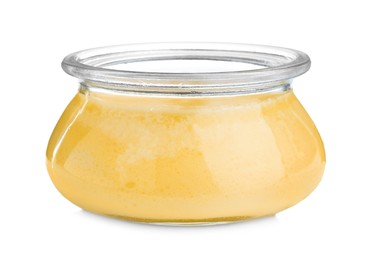 Photo of Glass jar of Ghee butter isolated on white