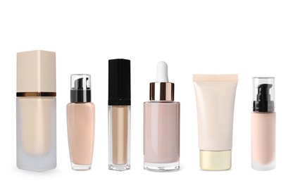 Image of Decorative cosmetics, collection. Different liquid foundations and concealer isolated on white