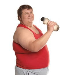 Portrait of overweight man with bottle of water on white background