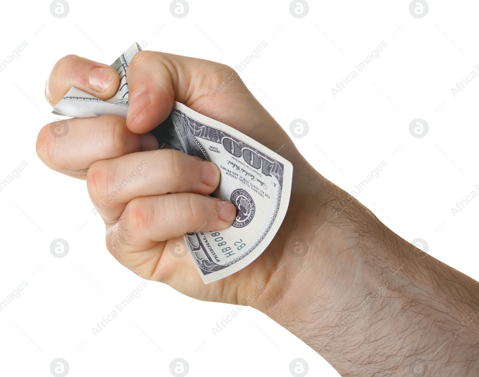 Photo of Man crumpling dollar bill on white background, closeup