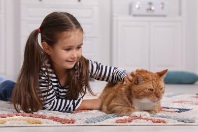 Happy little girl petting cute ginger cat on carpet at home