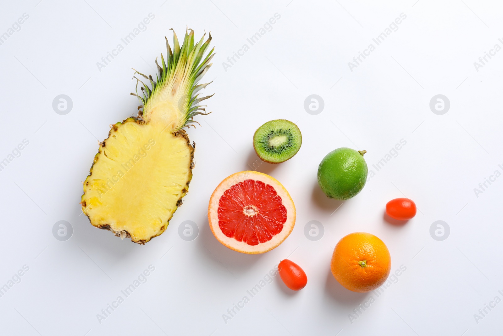 Photo of Fresh fruits on white background, top view