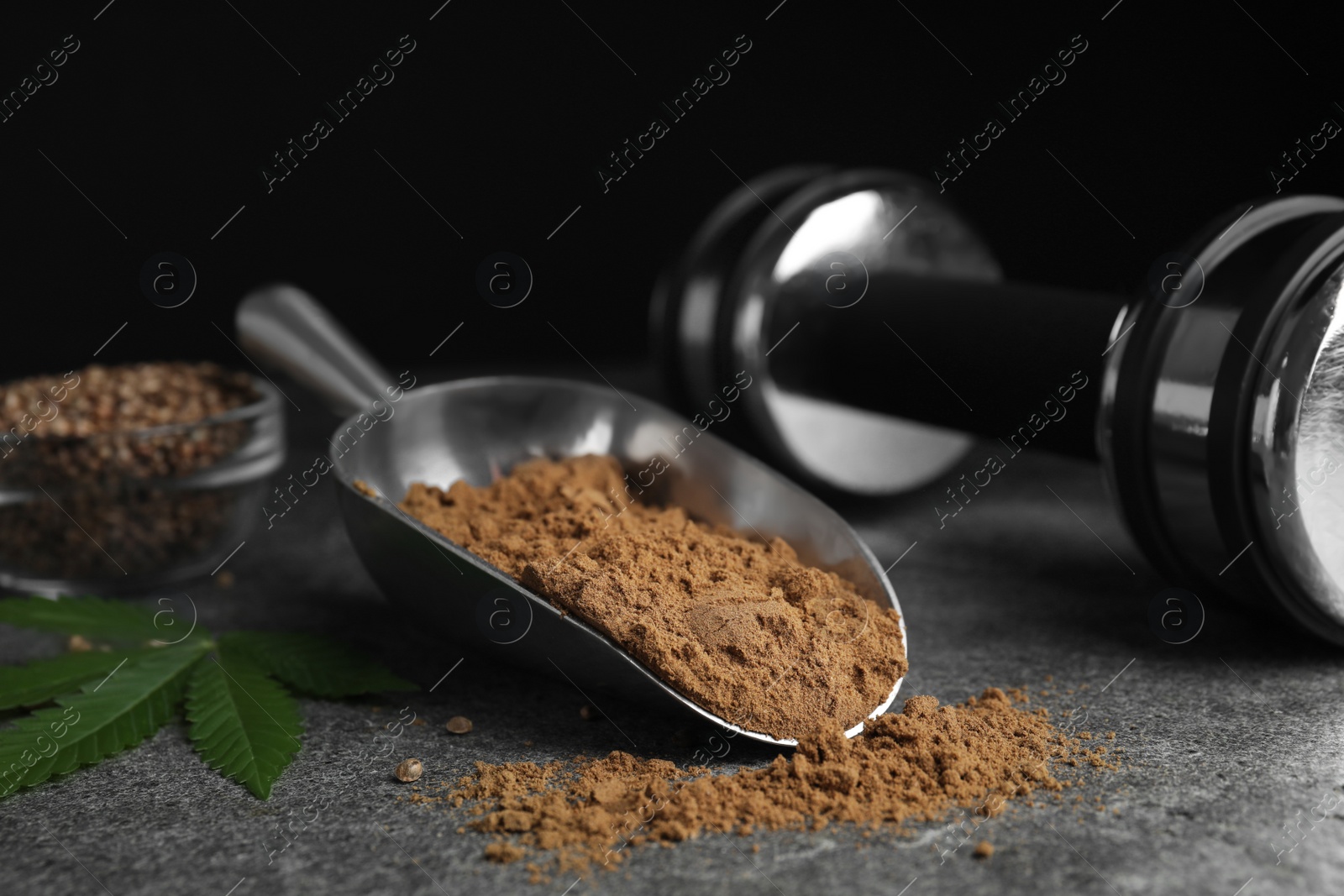 Photo of Hemp protein powder, fresh leaf and dumbbell on grey table