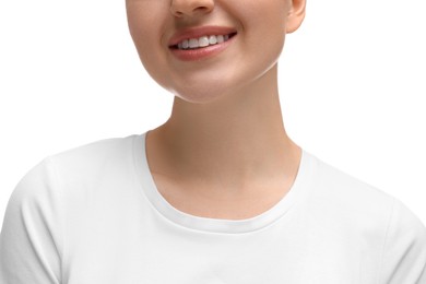 Photo of Beauty concept. Smiling woman on white background, closeup