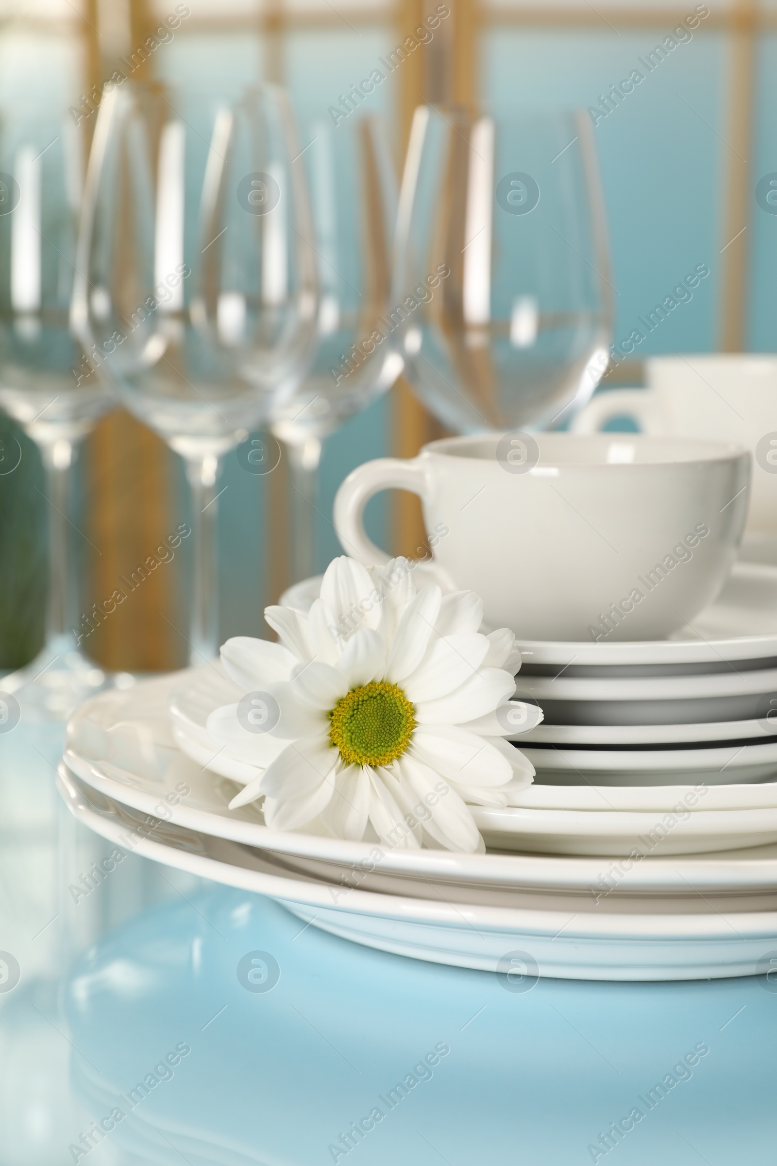 Photo of Set of clean dishware and flower on light blue table, closeup