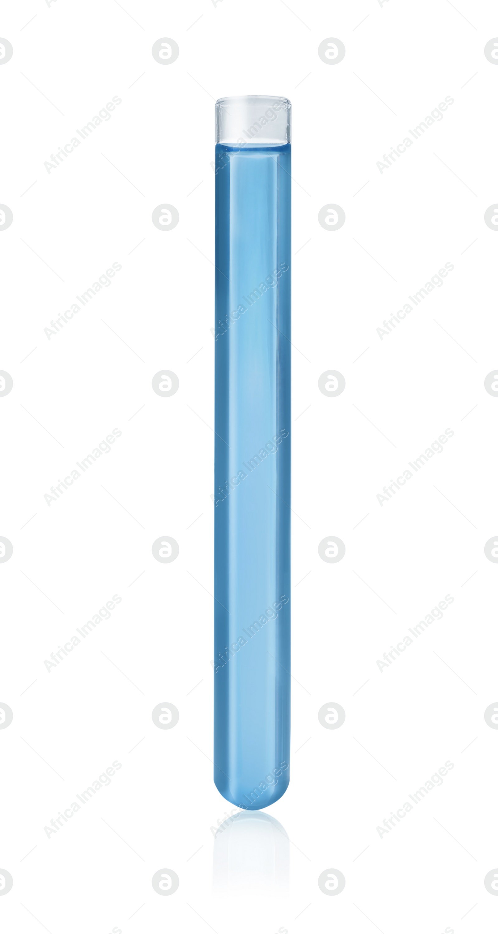 Photo of Test tube with blue liquid isolated on white. Laboratory glassware