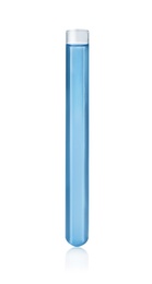 Photo of Test tube with blue liquid isolated on white. Laboratory glassware