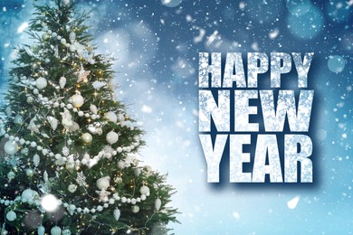 Happy New Year. Beautifully decorated Christmas tree on light blue background, bokeh effect