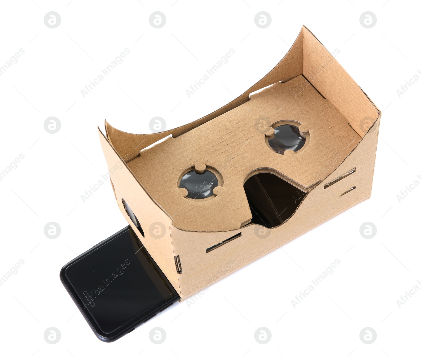 Photo of Cardboard virtual reality headset and smartphone on white background