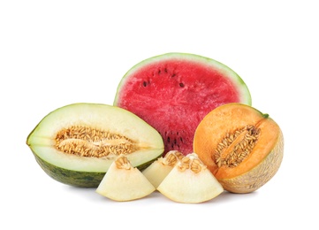 Photo of Tasty sliced melons and watermelon on white background