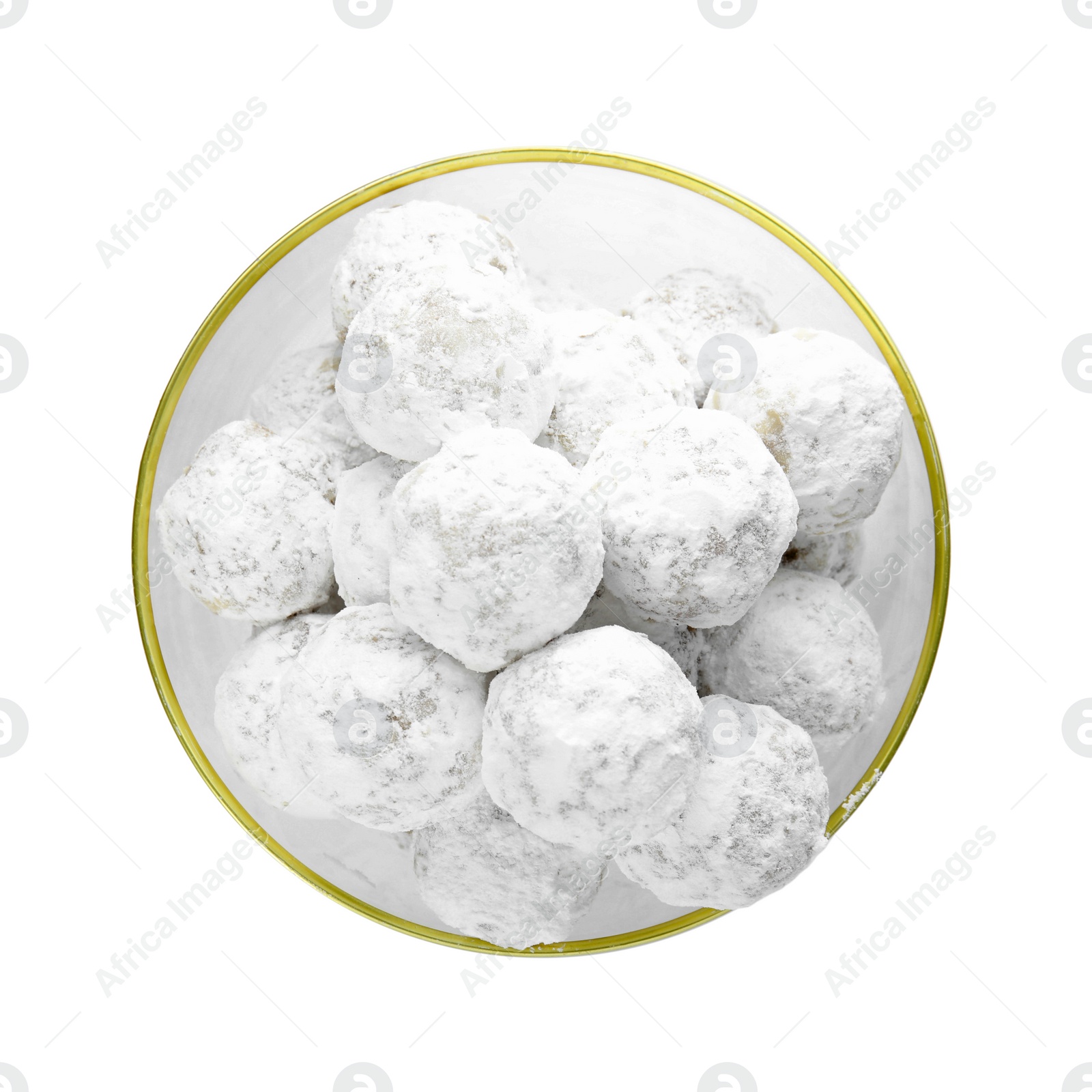 Photo of Tasty Christmas snowball cookies in bowl isolated on white, top view