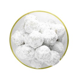 Tasty Christmas snowball cookies in bowl isolated on white, top view