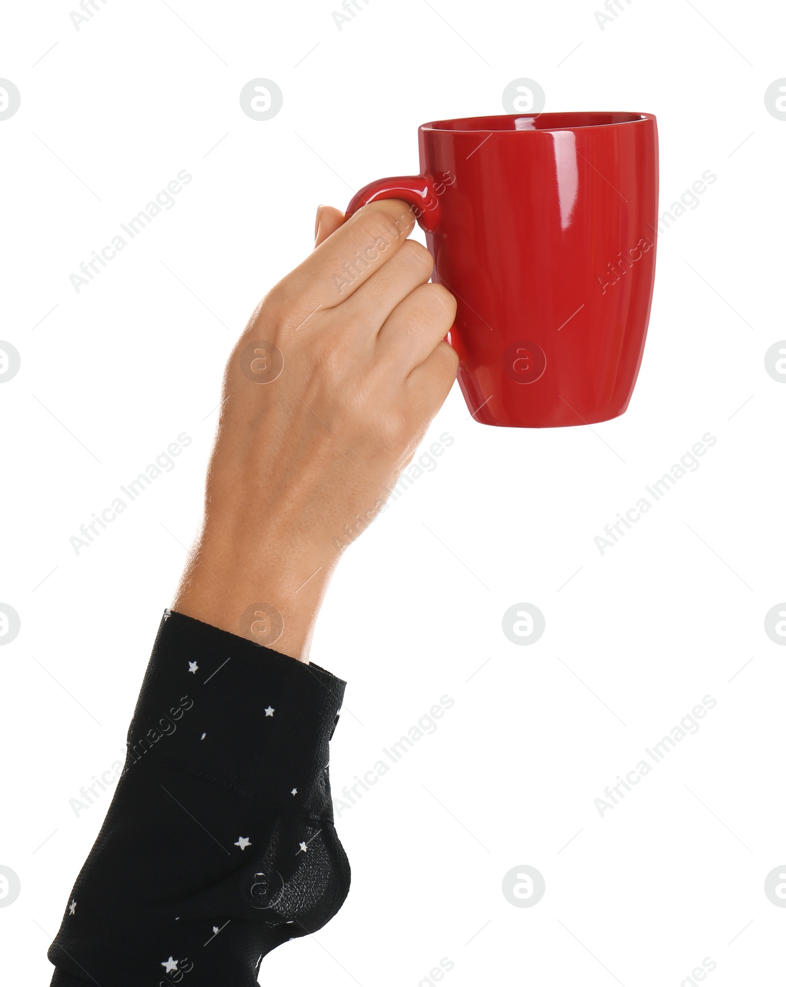 Photo of Woman holding elegant red cup on white background, closeup