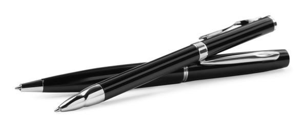 New stylish black pens isolated on white