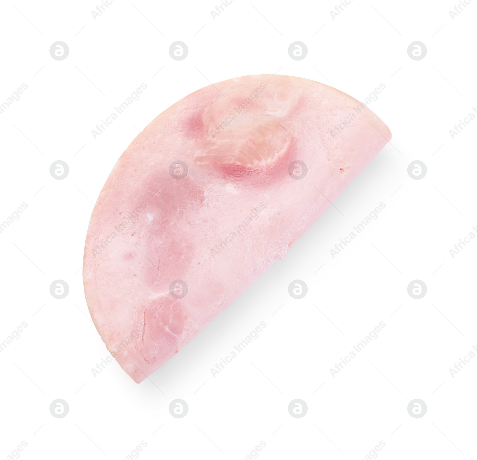 Photo of Slice of tasty ham isolated on white, top view